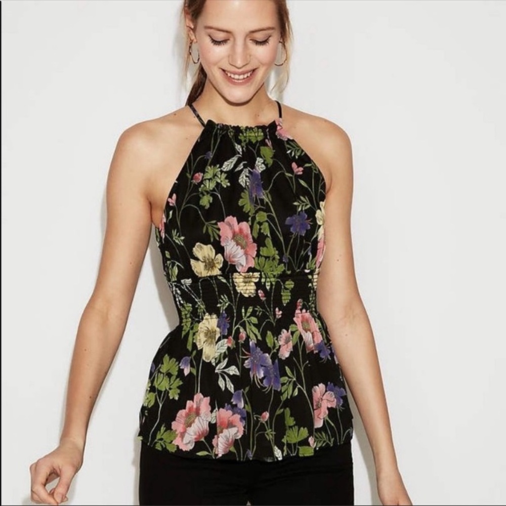Express Women's Black Floral Polyester Crew Neck Sleeveless Top Blouse
